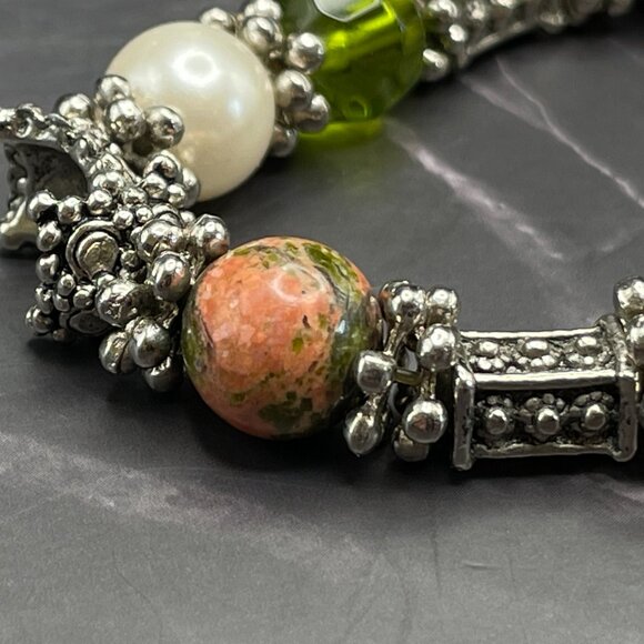 Vintage Unakite & Sterling Bracelet 925 Locking Box Charm Glass Beads Faux Pearl - Picture 7 of 10